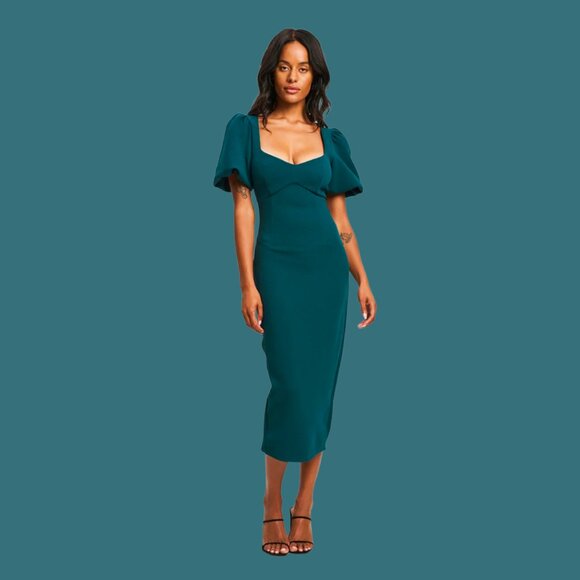 BWLDR Abana Puff Sleeve Emerald Green Midi Dress - Picture 1 of 6